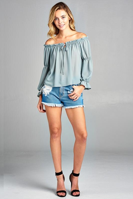 Women's Puff Long Sleeve Ruffled Front Tie Off Shoulder Top - Aurein