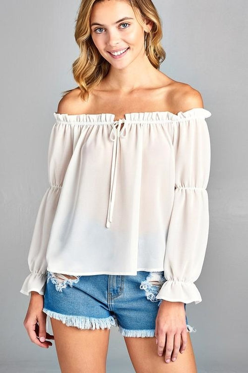 Women's Puff Long Sleeve Ruffled Front Tie Off Shoulder Top - Aurein