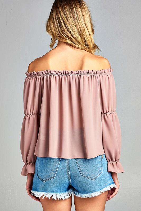 Women's Puff Long Sleeve Ruffled Front Tie Off Shoulder Top - Aurein