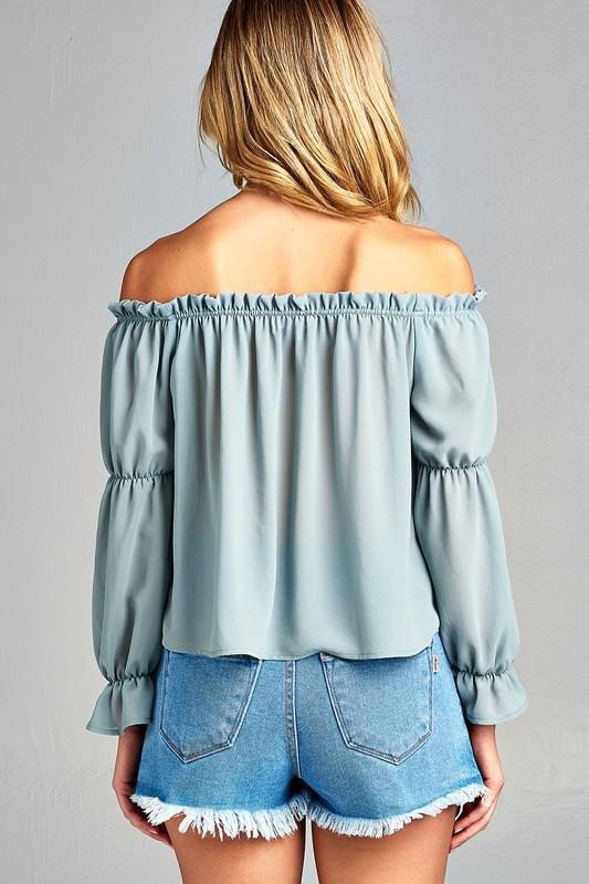 Women's Puff Long Sleeve Ruffled Front Tie Off Shoulder Top - Aurein