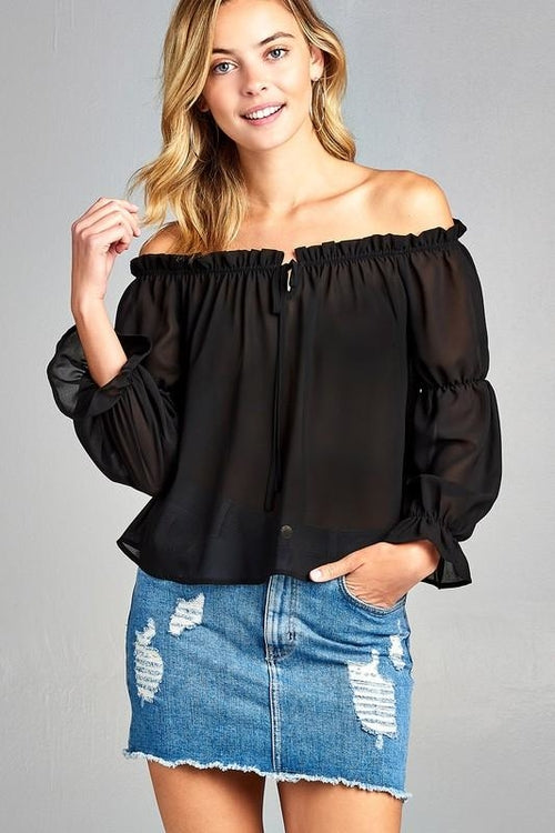 Women's Puff Long Sleeve Ruffled Front Tie Off Shoulder Top - Aurein