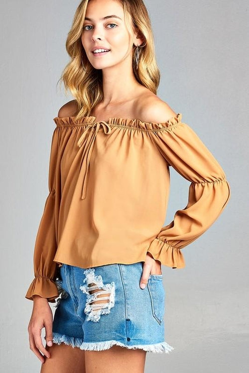 Women's Puff Long Sleeve Ruffled Front Tie Off Shoulder Top - Aurein