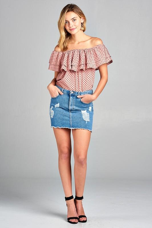 Women's Double Ruffle Off Shoulder Polka Dot Top - Aurein
