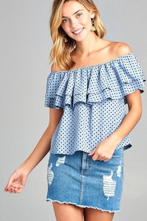 Women's Double Ruffle Off Shoulder Polka Dot Top - Aurein
