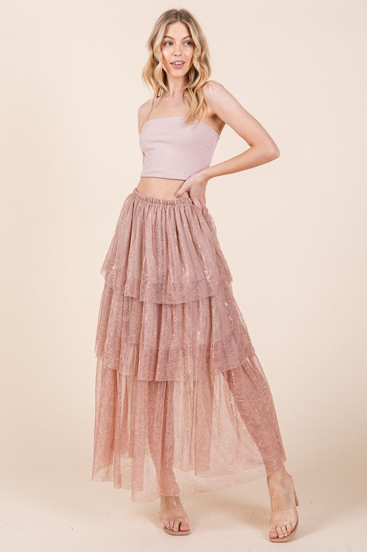 Elastic Waisted Embossed Mesh Tiered Ruffle Skirt - Aurein