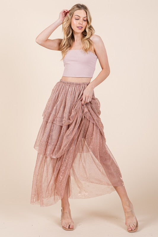 Elastic Waisted Embossed Mesh Tiered Ruffle Skirt - Aurein