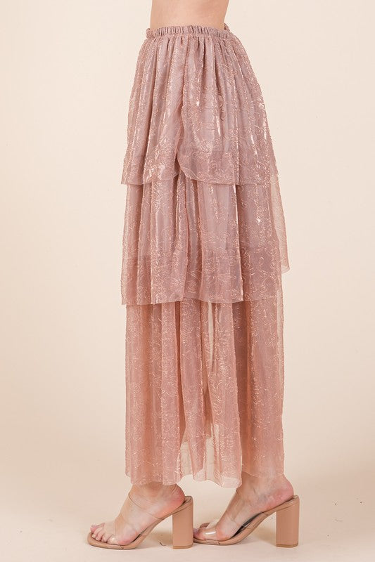 Elastic Waisted Embossed Mesh Tiered Ruffle Skirt - Aurein