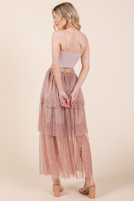 Elastic Waisted Embossed Mesh Tiered Ruffle Skirt - Aurein