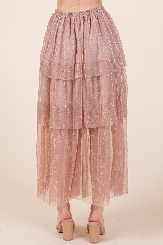 Elastic Waisted Embossed Mesh Tiered Ruffle Skirt - Aurein