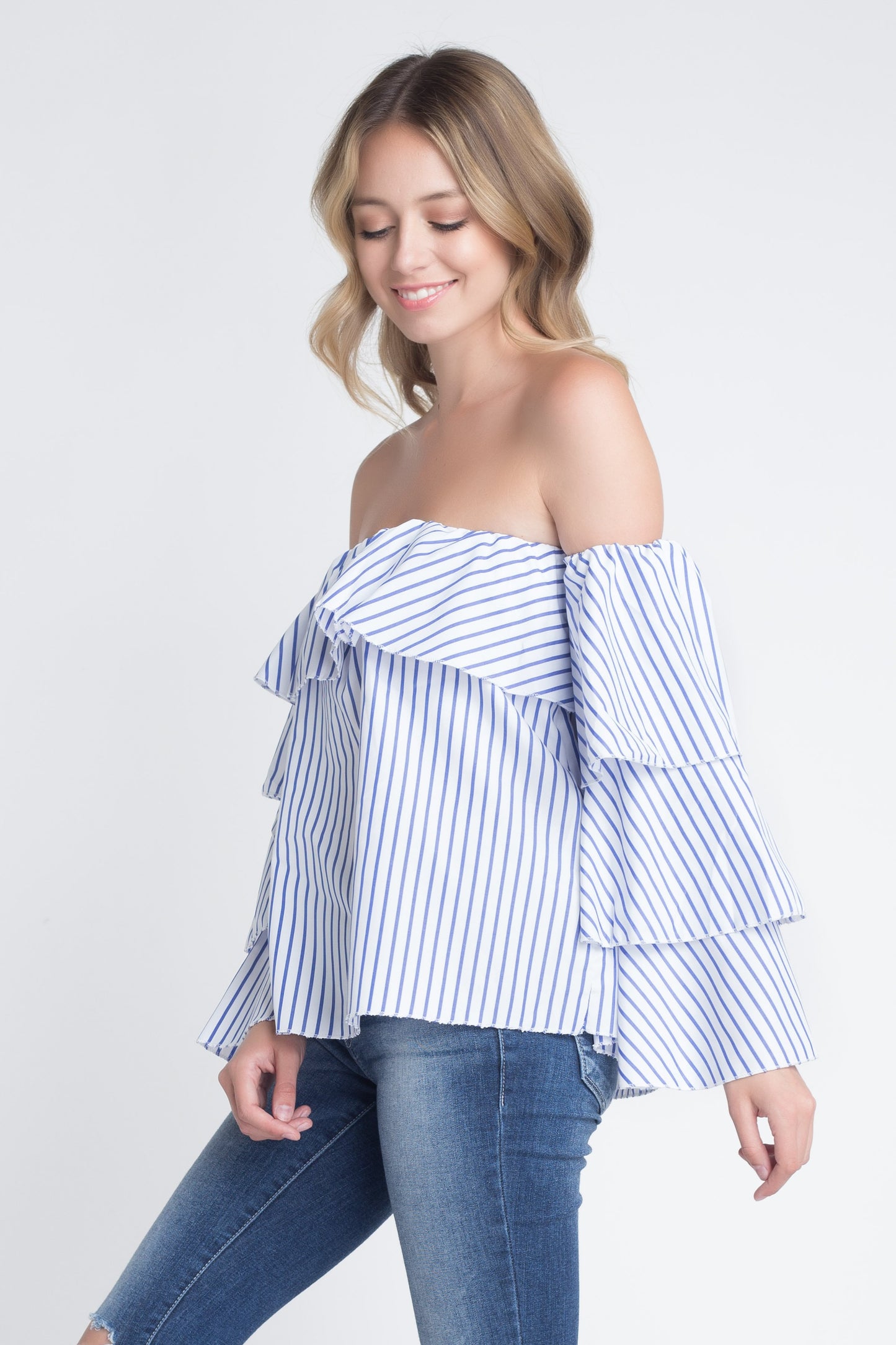 Women's Off Shoulder Stripe Ruffle Long Sleeve Top - Aurein