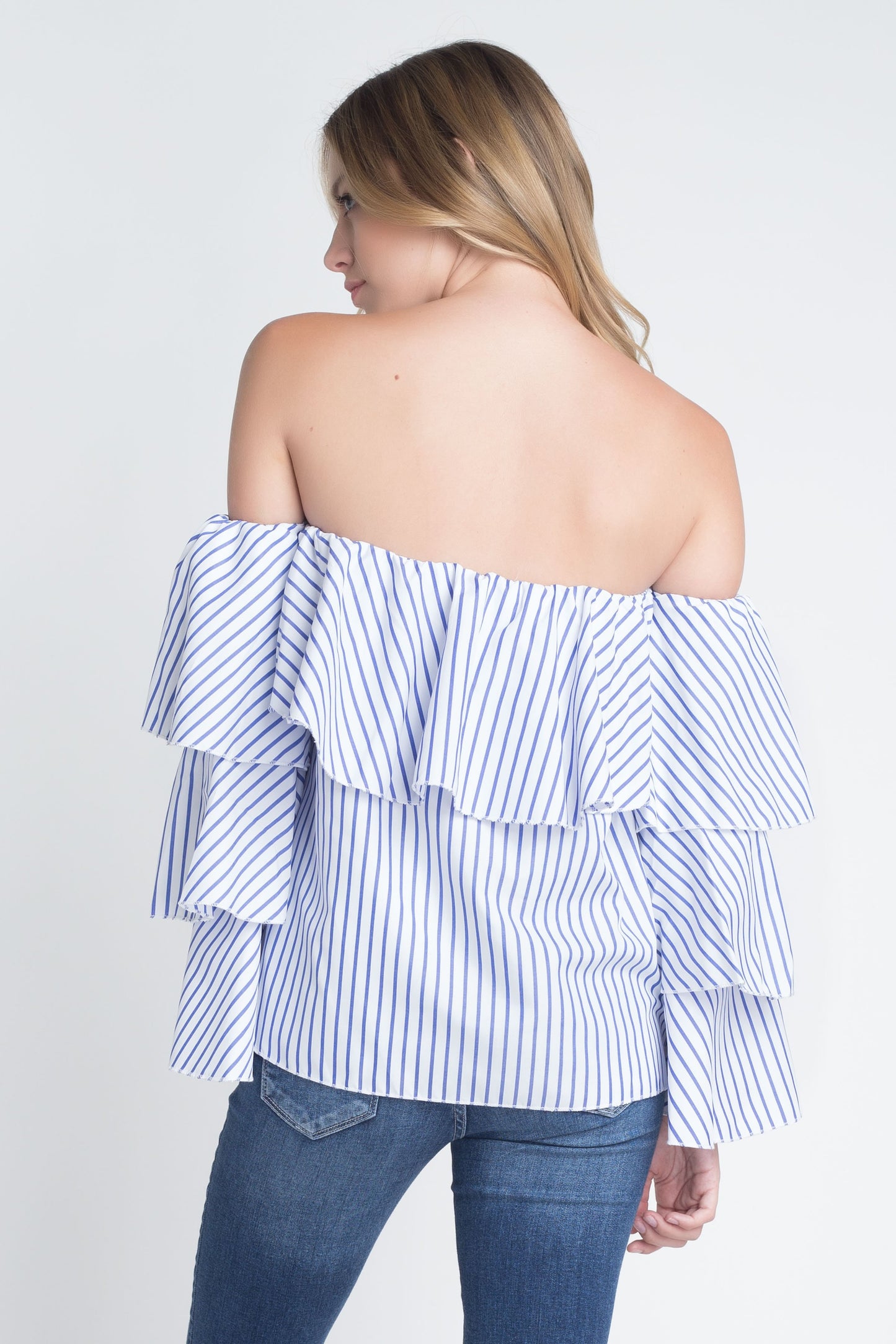 Women's Off Shoulder Stripe Ruffle Long Sleeve Top - Aurein