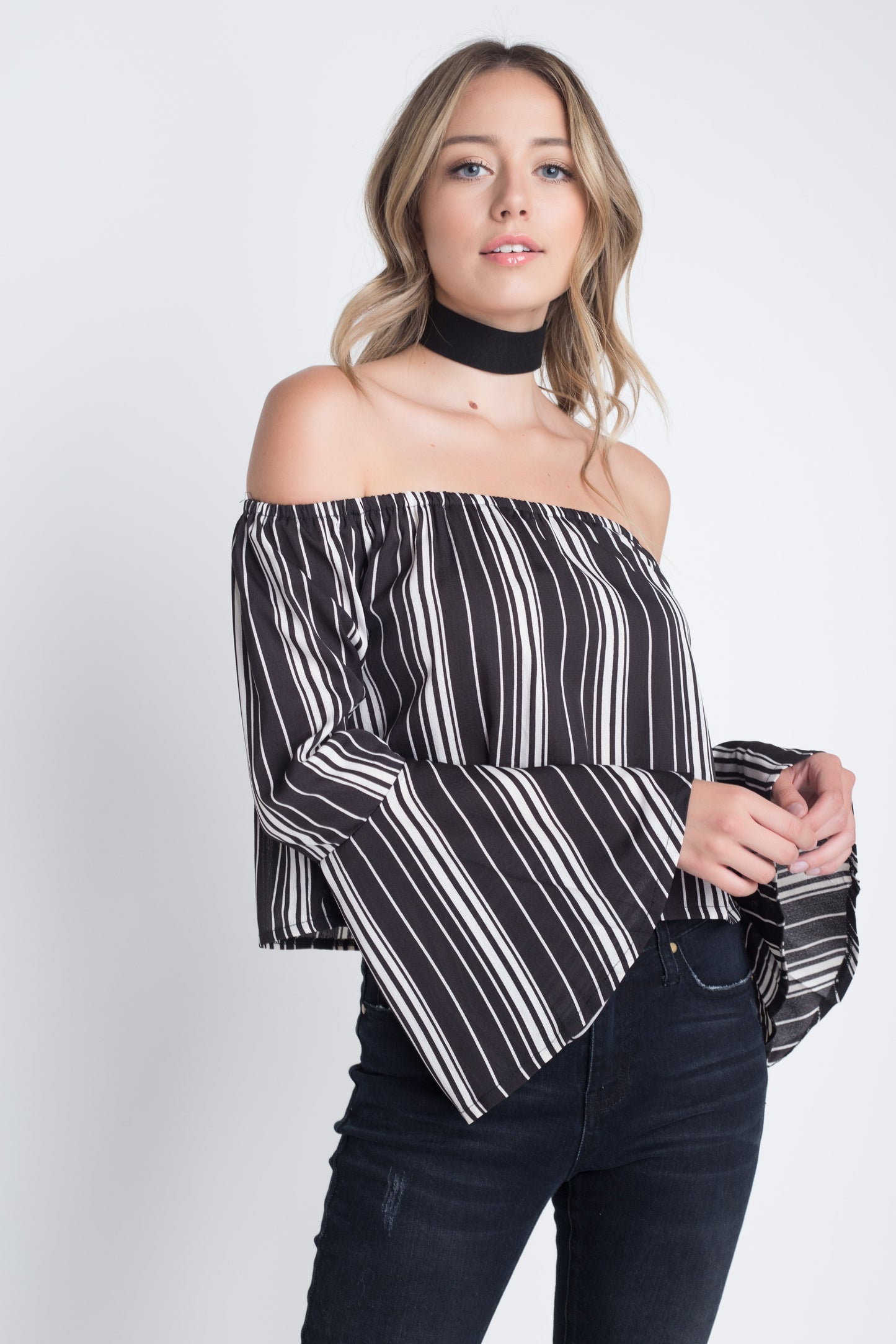 Women's Off Shoulder Casual Stripe Bell Sleeve Top - Aurein
