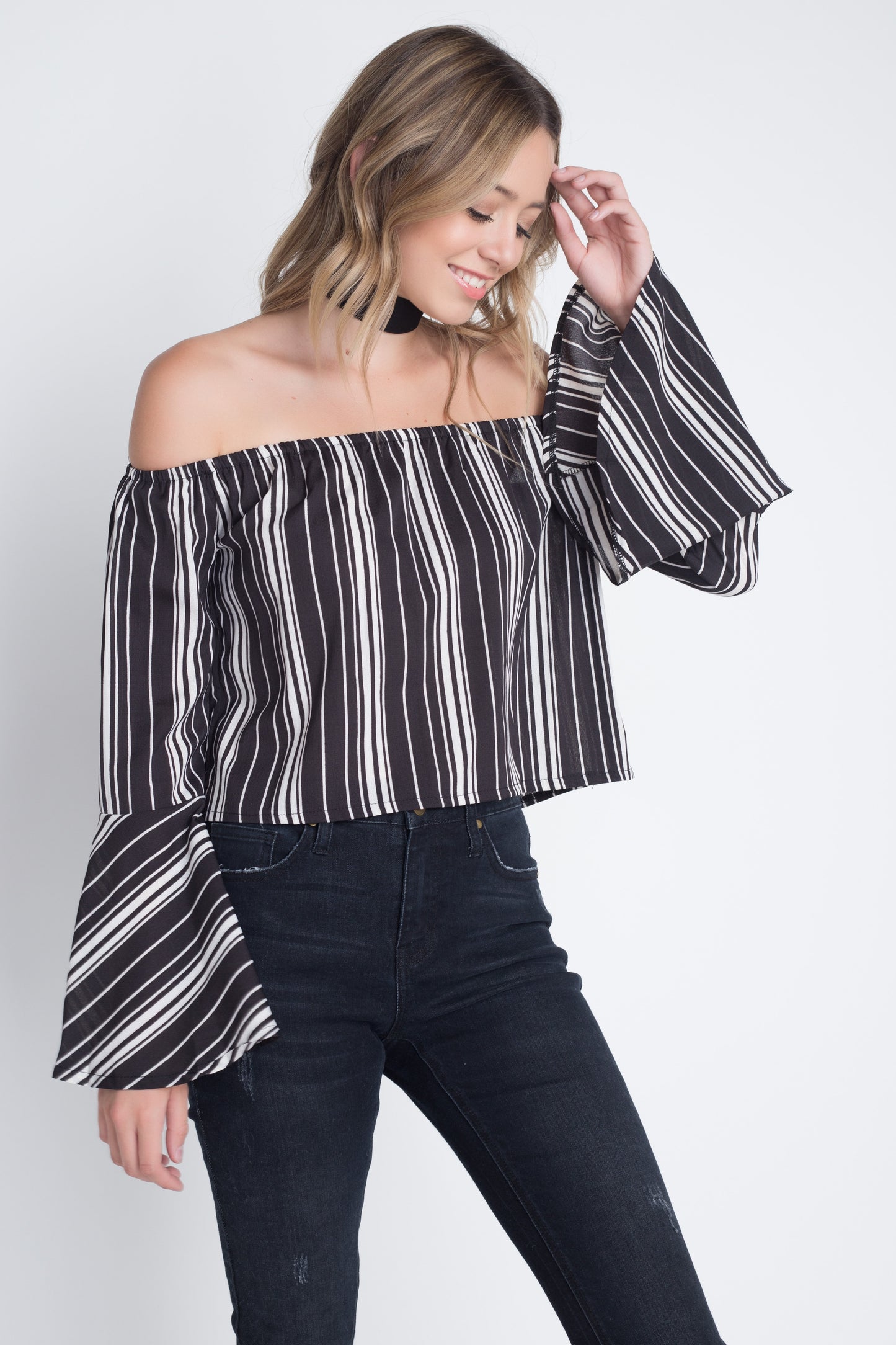 Women's Off Shoulder Casual Stripe Bell Sleeve Top - Aurein