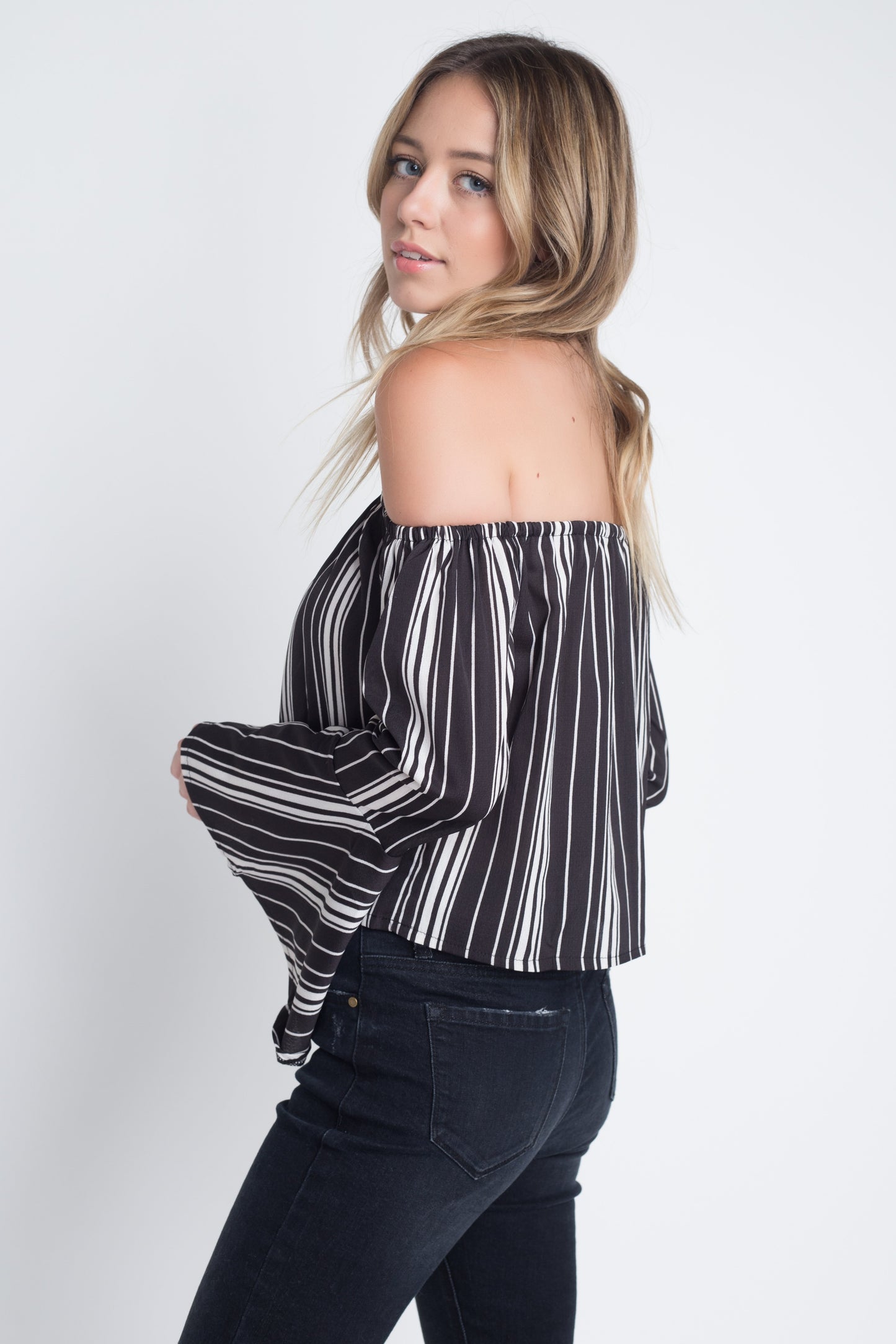 Women's Off Shoulder Casual Stripe Bell Sleeve Top - Aurein