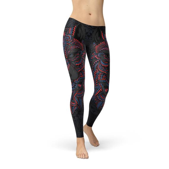 Womens Oriental Black Wolf Leggings - Aurein