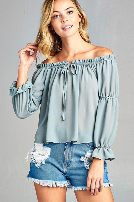 Women's Puff Long Sleeve Ruffled Front Tie Off Shoulder Top - Aurein