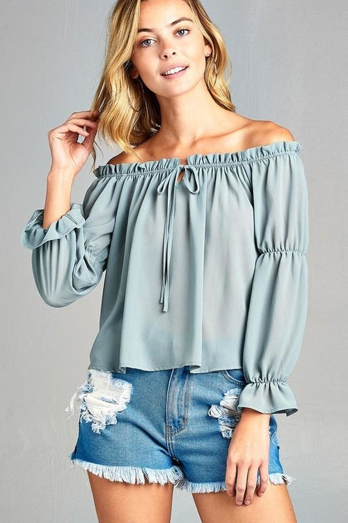Women's Puff Long Sleeve Ruffled Front Tie Off Shoulder Top - Aurein