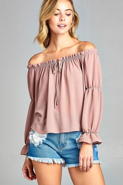 Women's Puff Long Sleeve Ruffled Front Tie Off Shoulder Top - Aurein