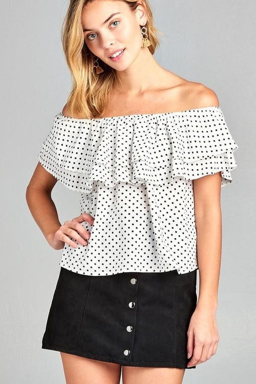 Women's Double Ruffle Off Shoulder Polka Dot Top - Aurein