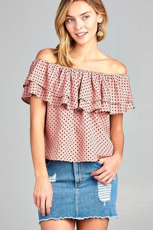 Women's Double Ruffle Off Shoulder Polka Dot Top - Aurein