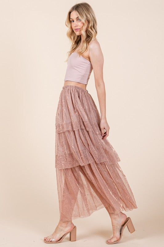 Elastic Waisted Embossed Mesh Tiered Ruffle Skirt - Aurein