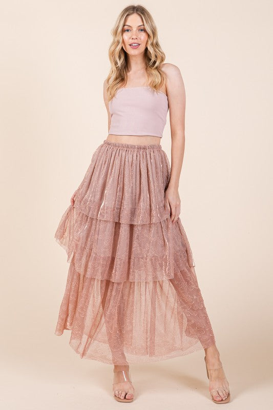 Elastic Waisted Embossed Mesh Tiered Ruffle Skirt - Aurein