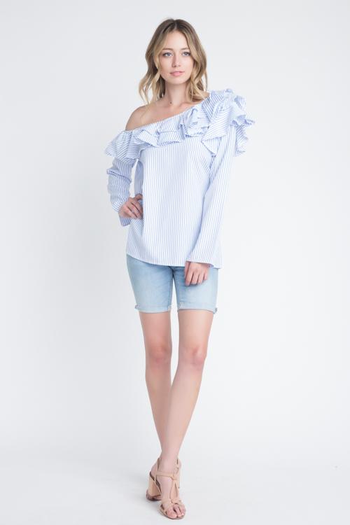 Women's One Shoulder Stripe Ruffle Top - Aurein