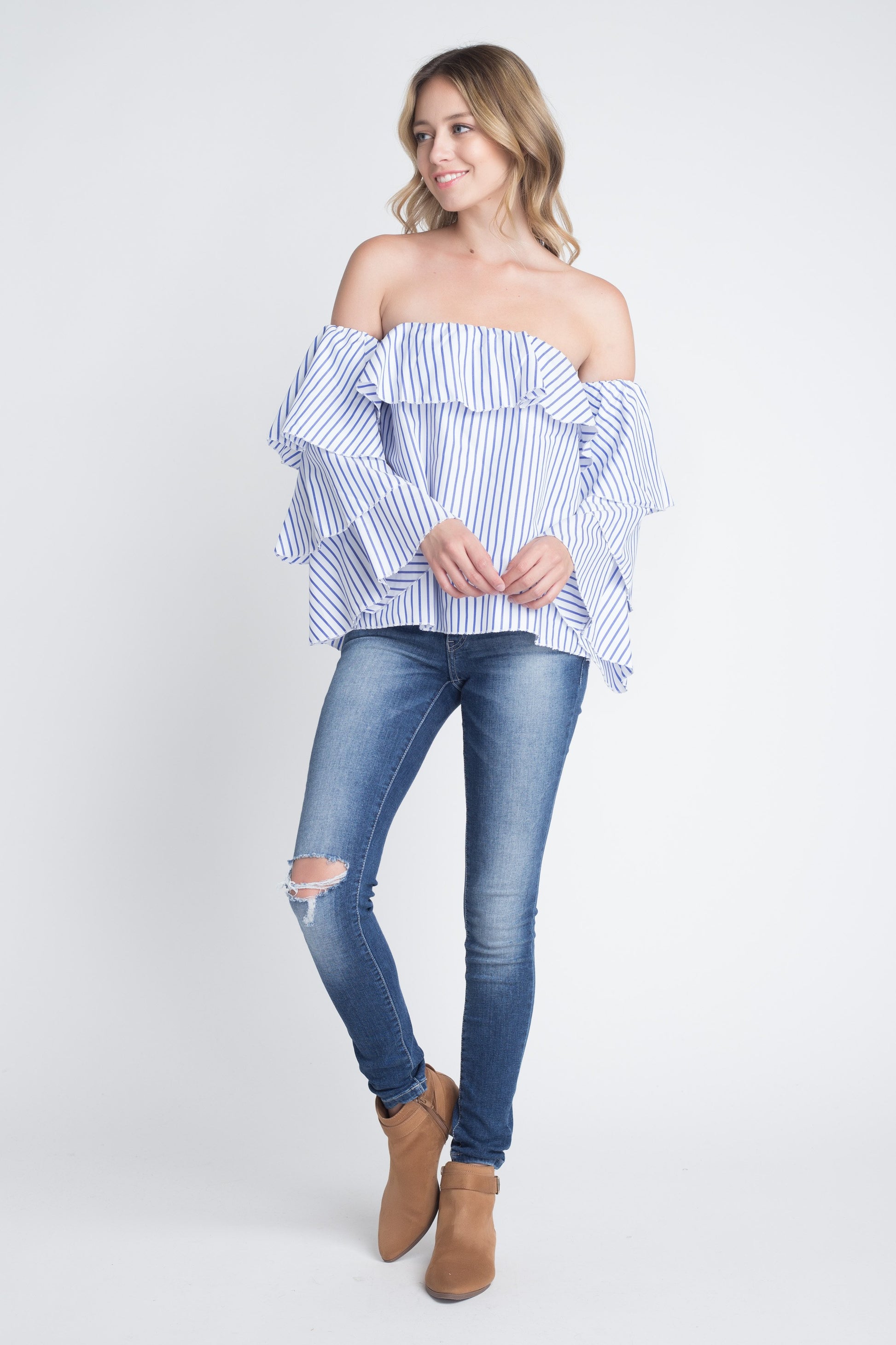 Women's Off Shoulder Stripe Ruffle Long Sleeve Top - Aurein