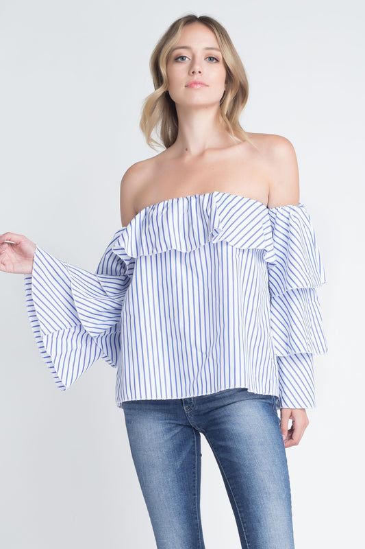 Women's Off Shoulder Stripe Ruffle Long Sleeve Top - Aurein