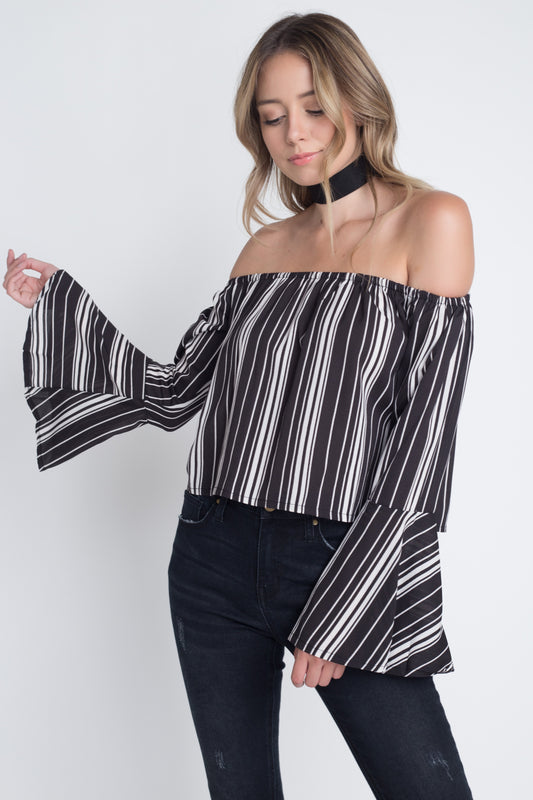 Women's Off Shoulder Casual Stripe Bell Sleeve Top - Aurein