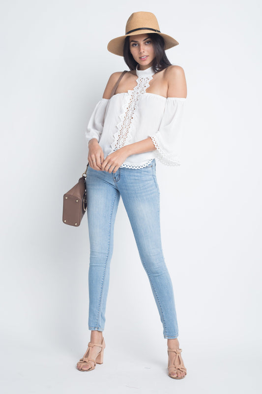 Women's High Neck Long Sleeve Crochet Top - Aurein