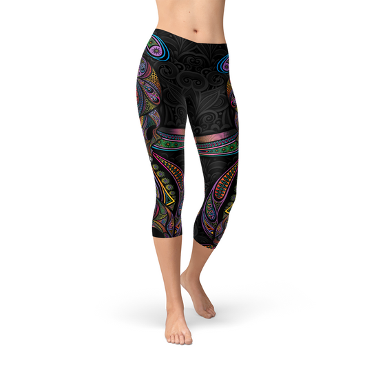 Womens Sugar Skull Capri Leggings - Aurein