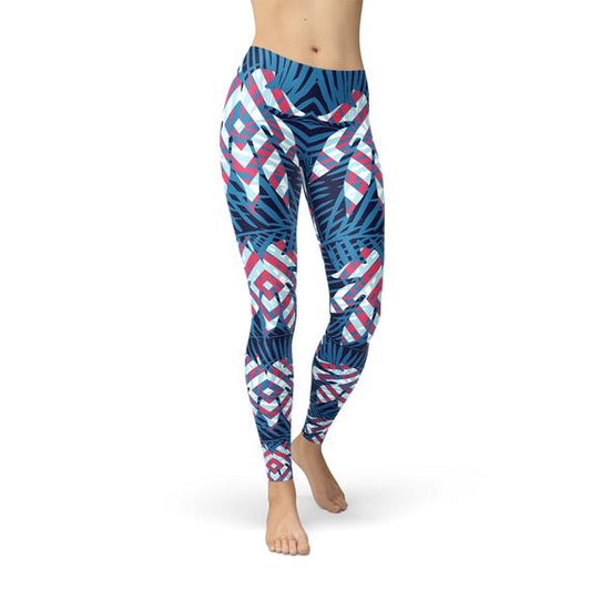 Blue Tropical Leaf Leggings for Women - Aurein