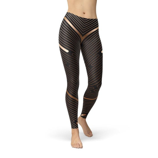 Womens Striped Lines Sports Brown Leggings - Aurein