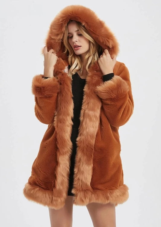 Womens Hooded Faux Fur Collar Coat - Aurein